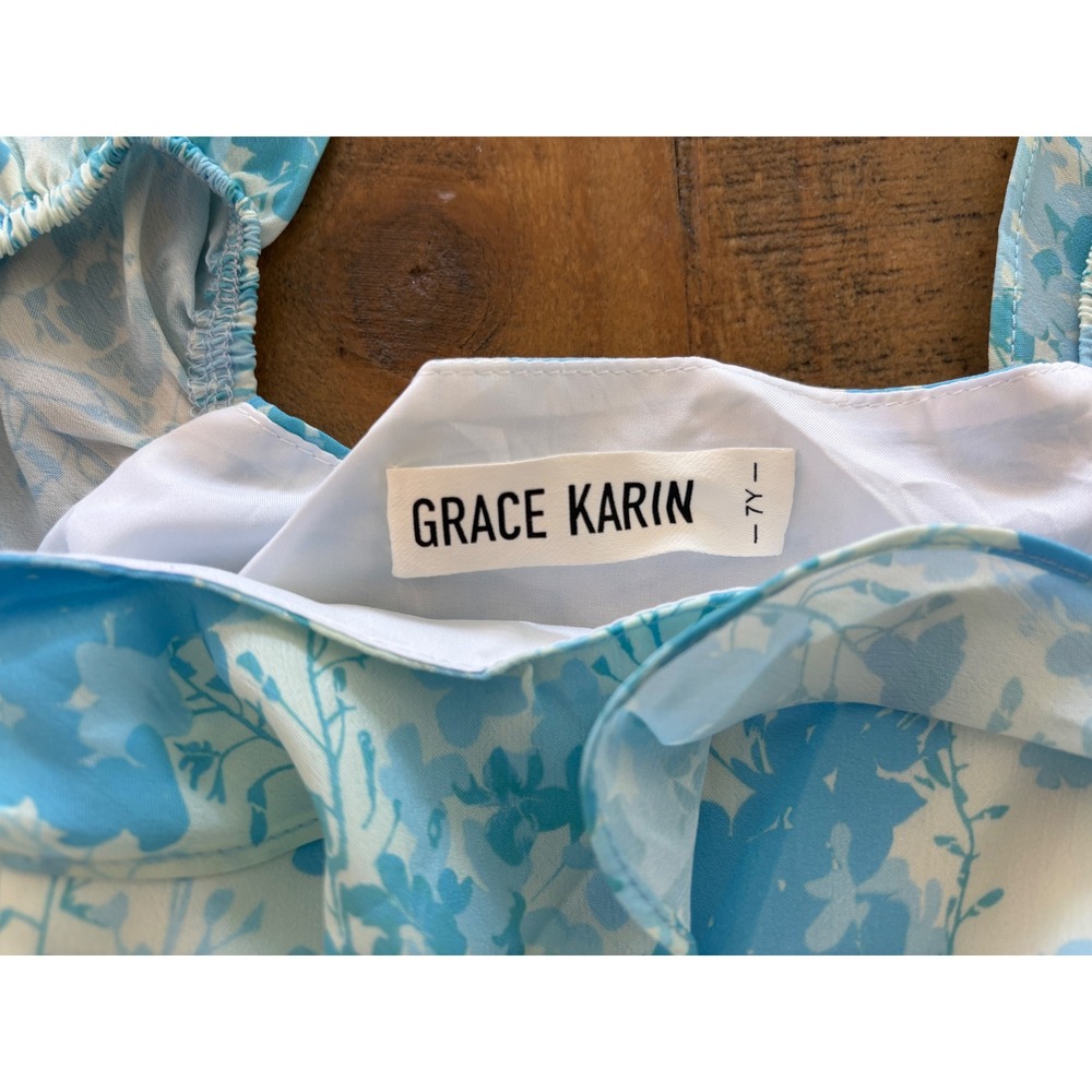 Grace Karin Girls Blue White Floral Tiered Ruffle Dress Size 7Y Summer Party - Picture 2 of 4